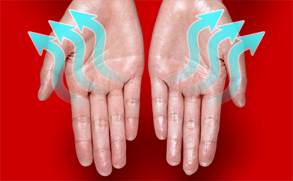 Open hands with alcohol all over them with arrow graphics showing evaporation for chemistry activity.